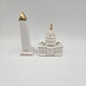 Salt and Pepper Shaker Set In Gold And White.Featuring 2 Washington DC Landmarks